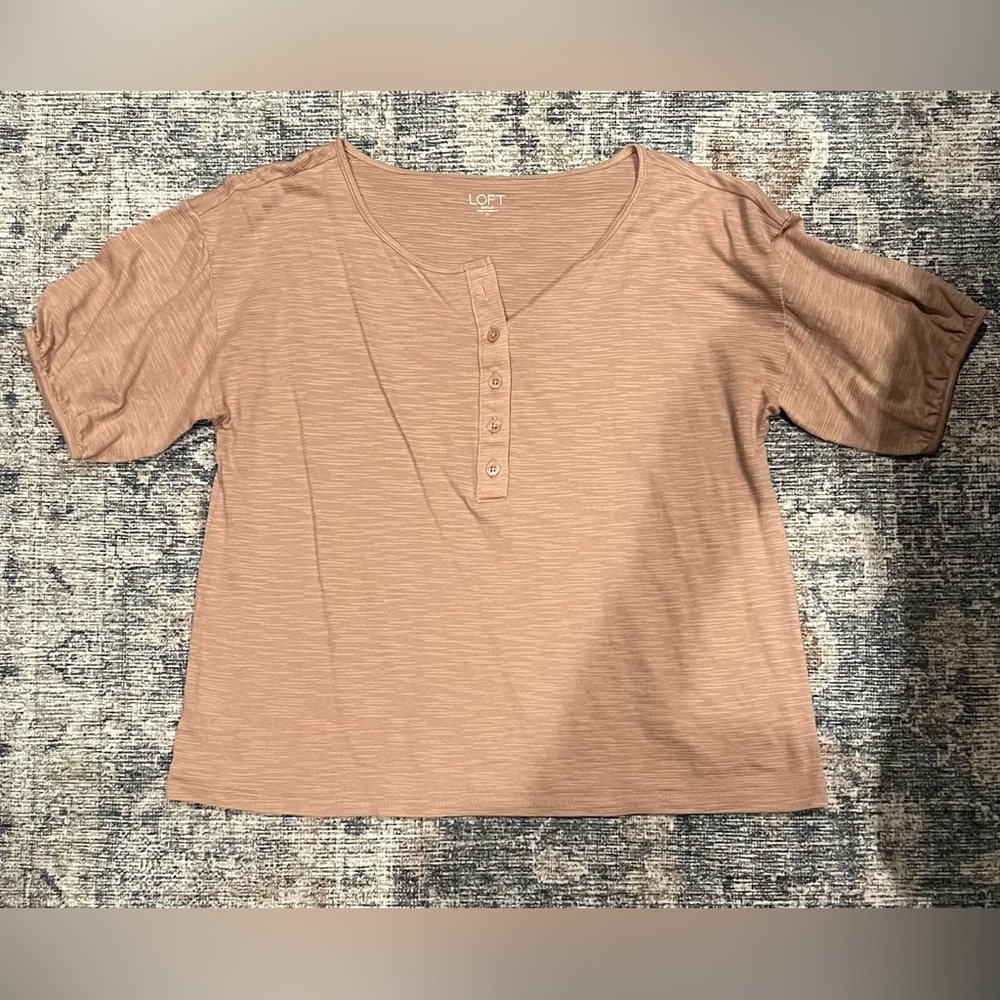 LOFT Peach Henley Button-Down Short Sleeve Top